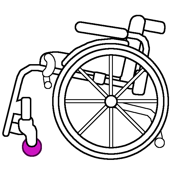 A black and white rigid wheelchair in profile with a bright pink caster wheel.